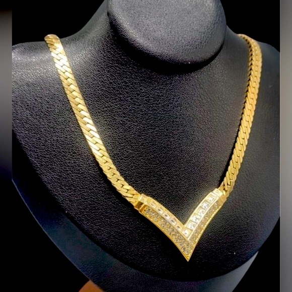 Christian Dior Crystal Necklace V Choker 17" Thick Herringbone Chain Gold 1998! - Picture 3 of 8